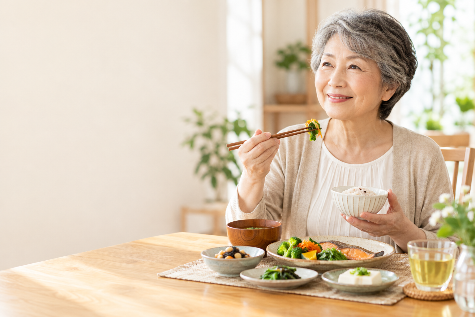 「健康的な食事を楽しむシニア女性｜口腔機能低下症と健康寿命」